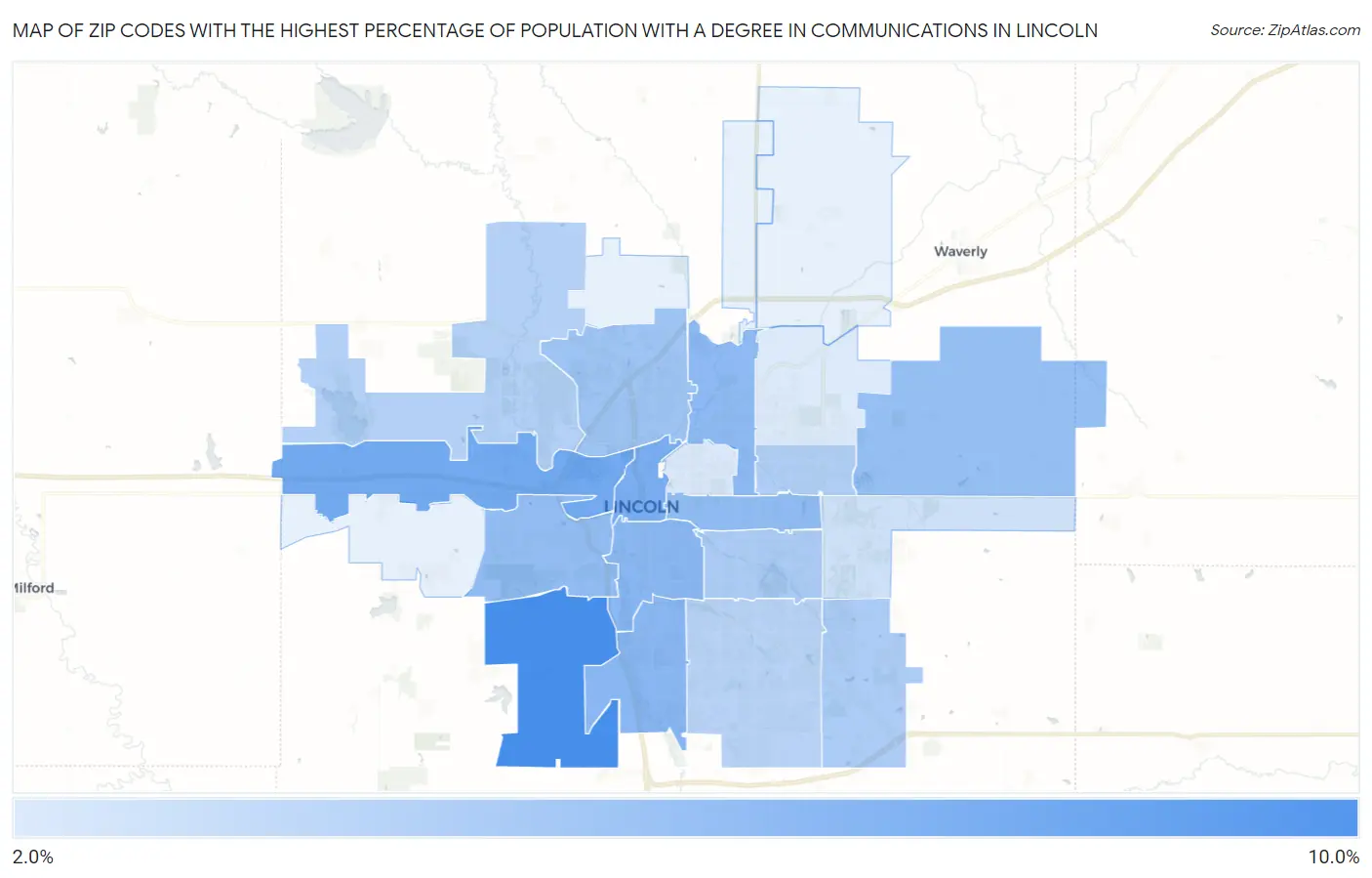 Zip Codes with the Highest Percentage of Population with a Degree in Communications in Lincoln Map
