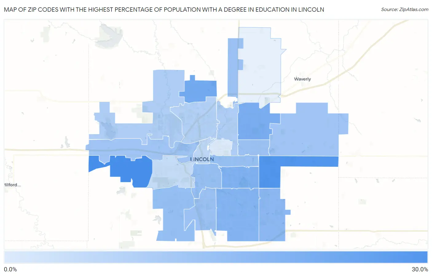 Zip Codes with the Highest Percentage of Population with a Degree in Education in Lincoln Map