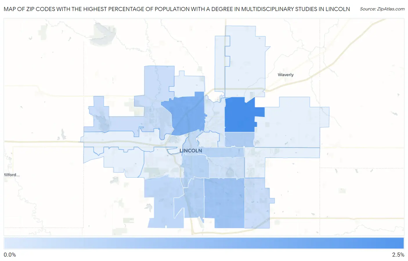 Zip Codes with the Highest Percentage of Population with a Degree in Multidisciplinary Studies in Lincoln Map