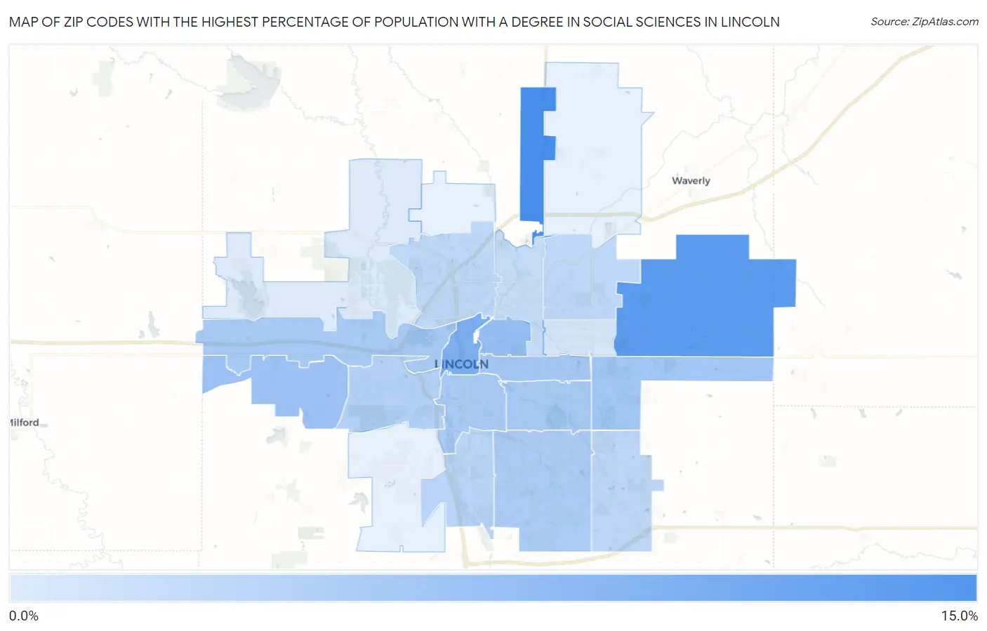 Zip Codes with the Highest Percentage of Population with a Degree in Social Sciences in Lincoln Map