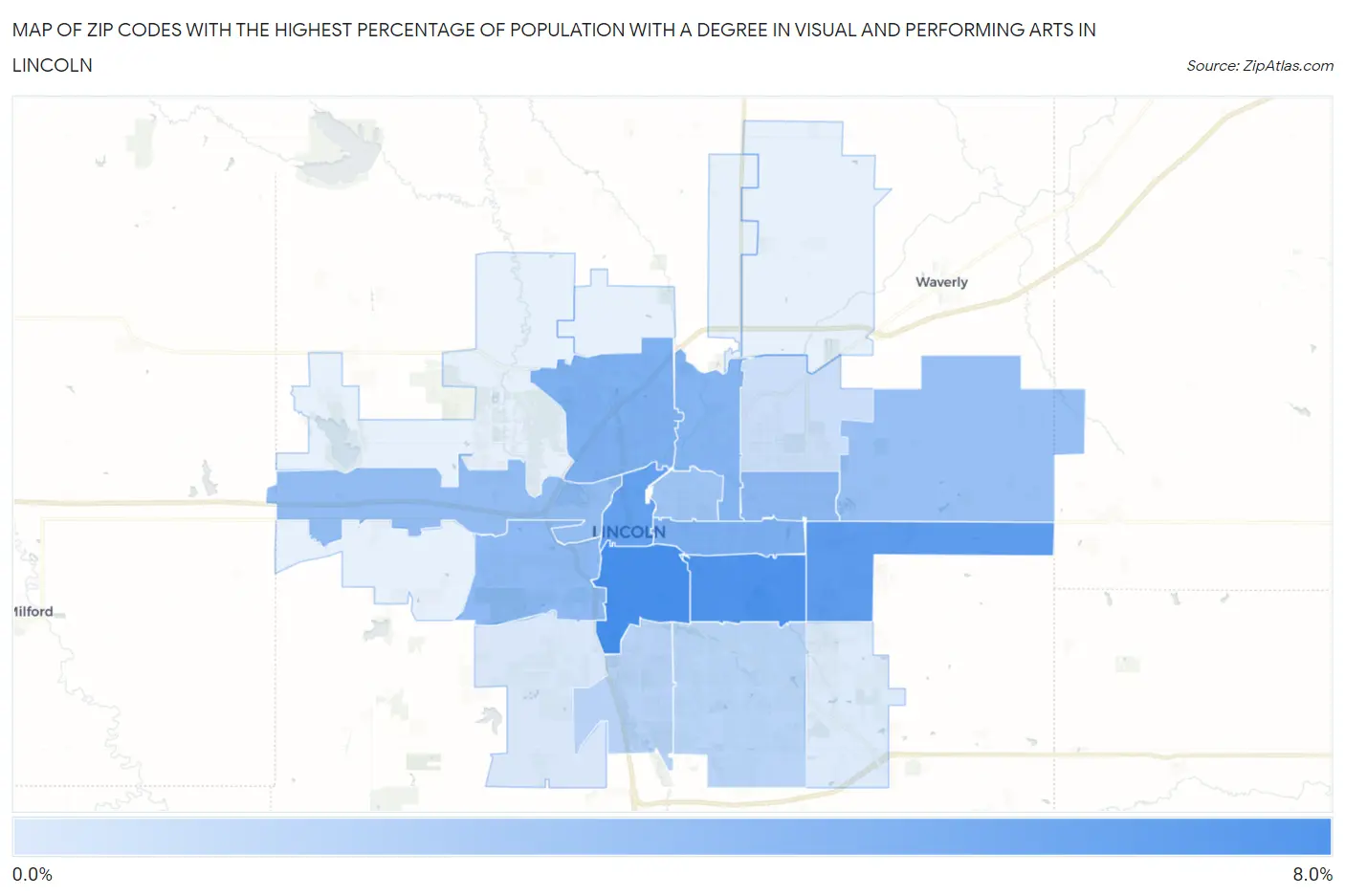 Zip Codes with the Highest Percentage of Population with a Degree in Visual and Performing Arts in Lincoln Map