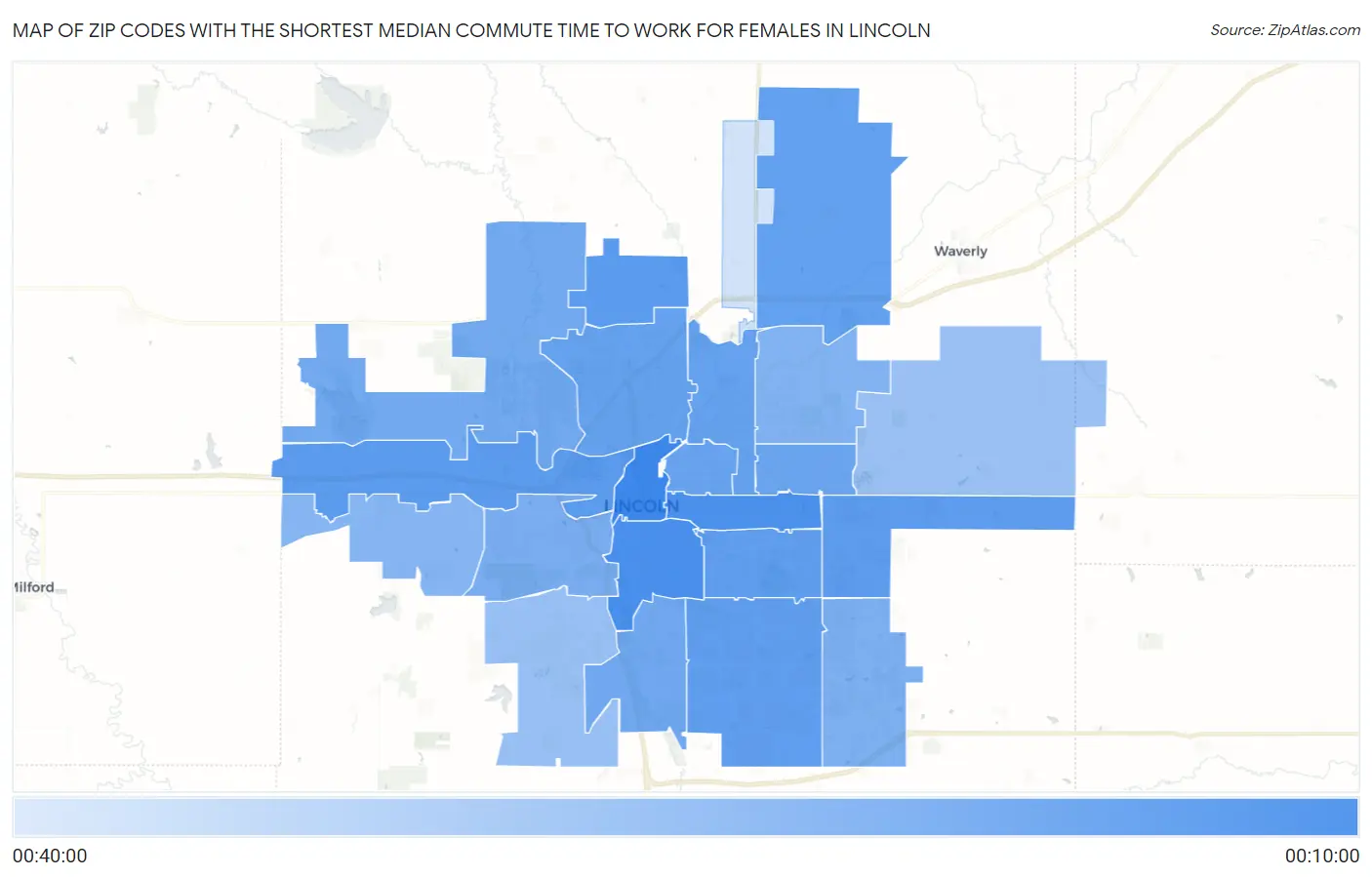 Zip Codes with the Shortest Median Commute Time to Work for Females in Lincoln Map