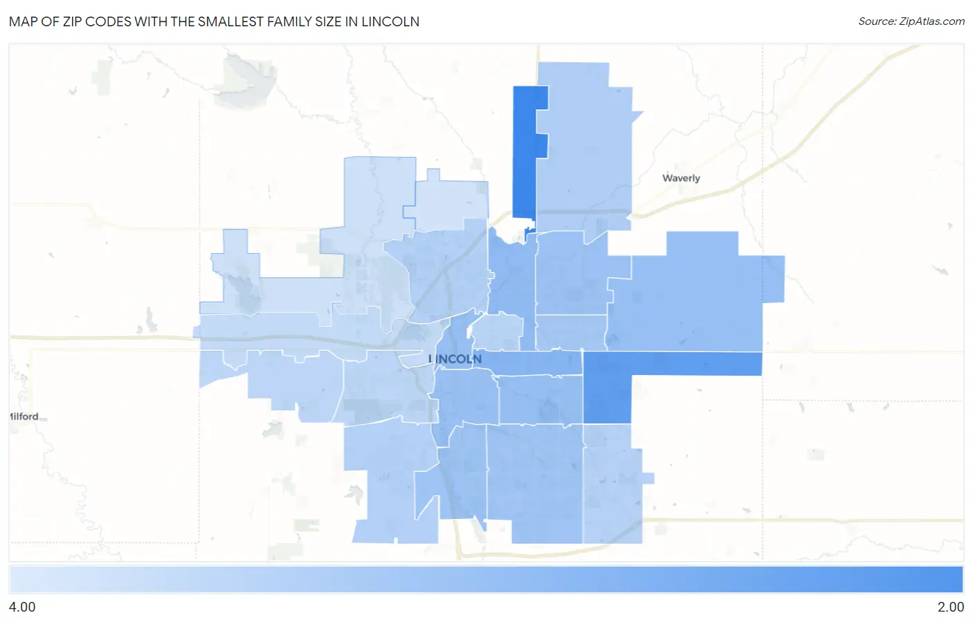 Zip Codes with the Smallest Family Size in Lincoln Map