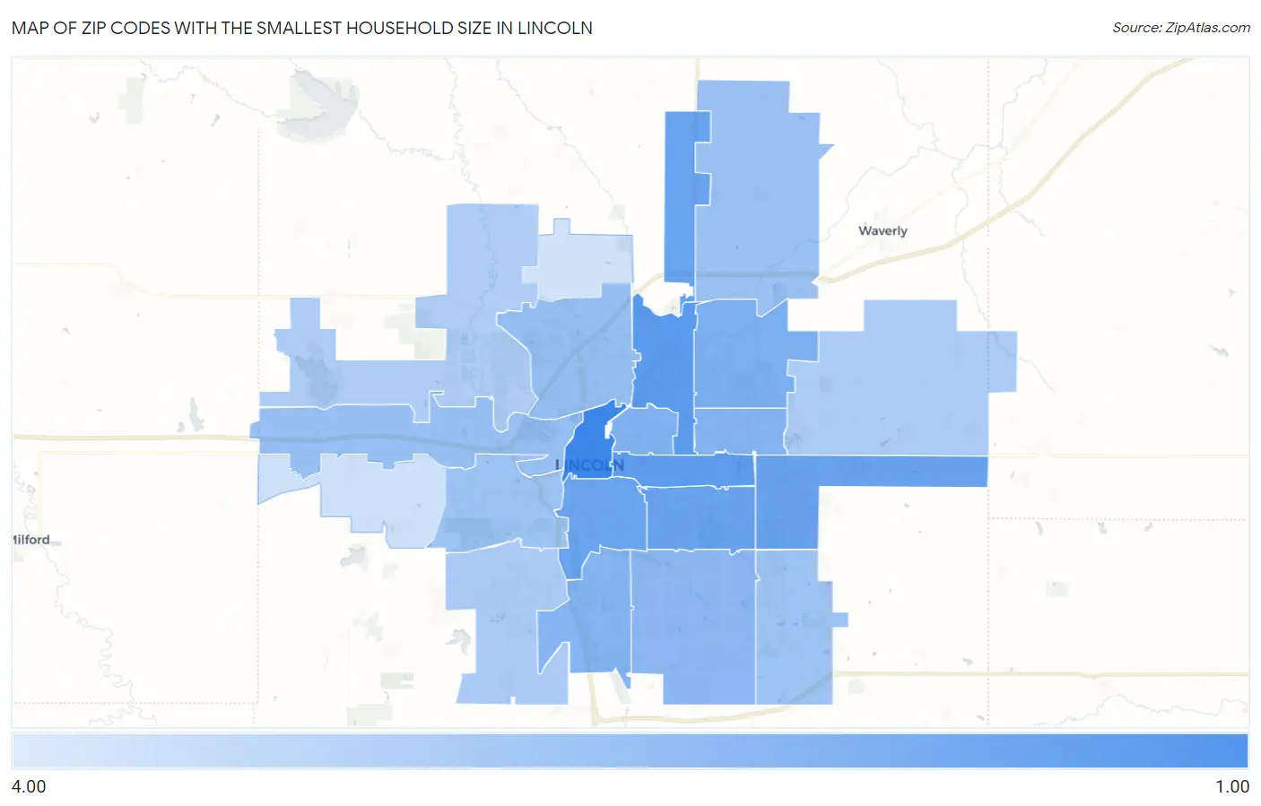 Zip Codes with the Smallest Household Size in Lincoln Map