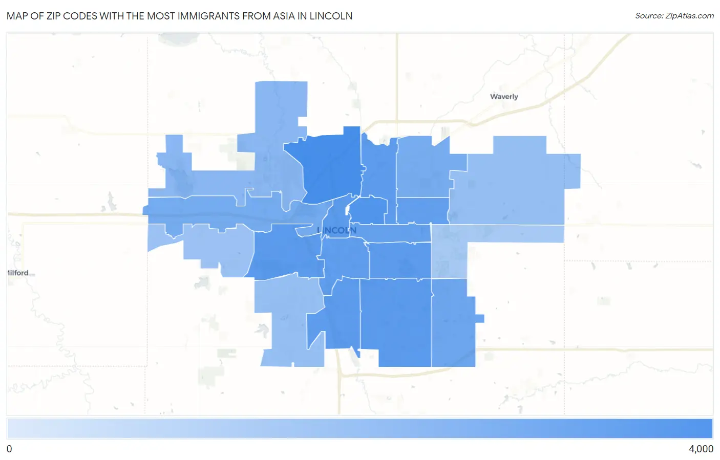 Zip Codes with the Most Immigrants from Asia in Lincoln Map