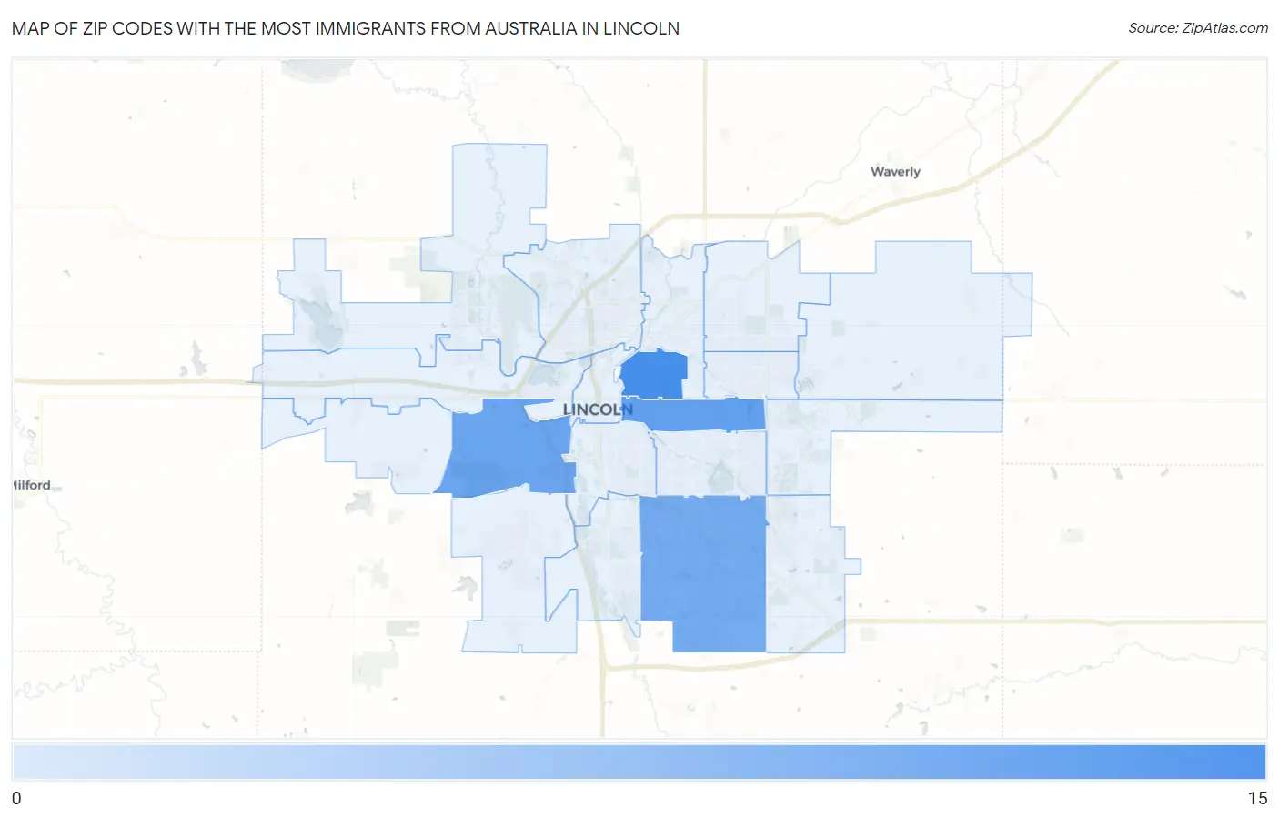 Zip Codes with the Most Immigrants from Australia in Lincoln Map
