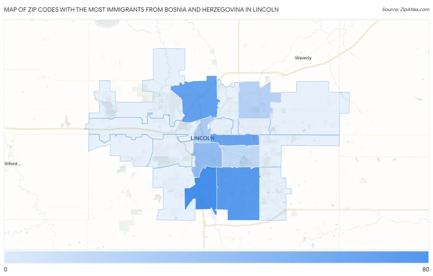 Zip Codes with the Most Immigrants from Bosnia and Herzegovina in Lincoln Map