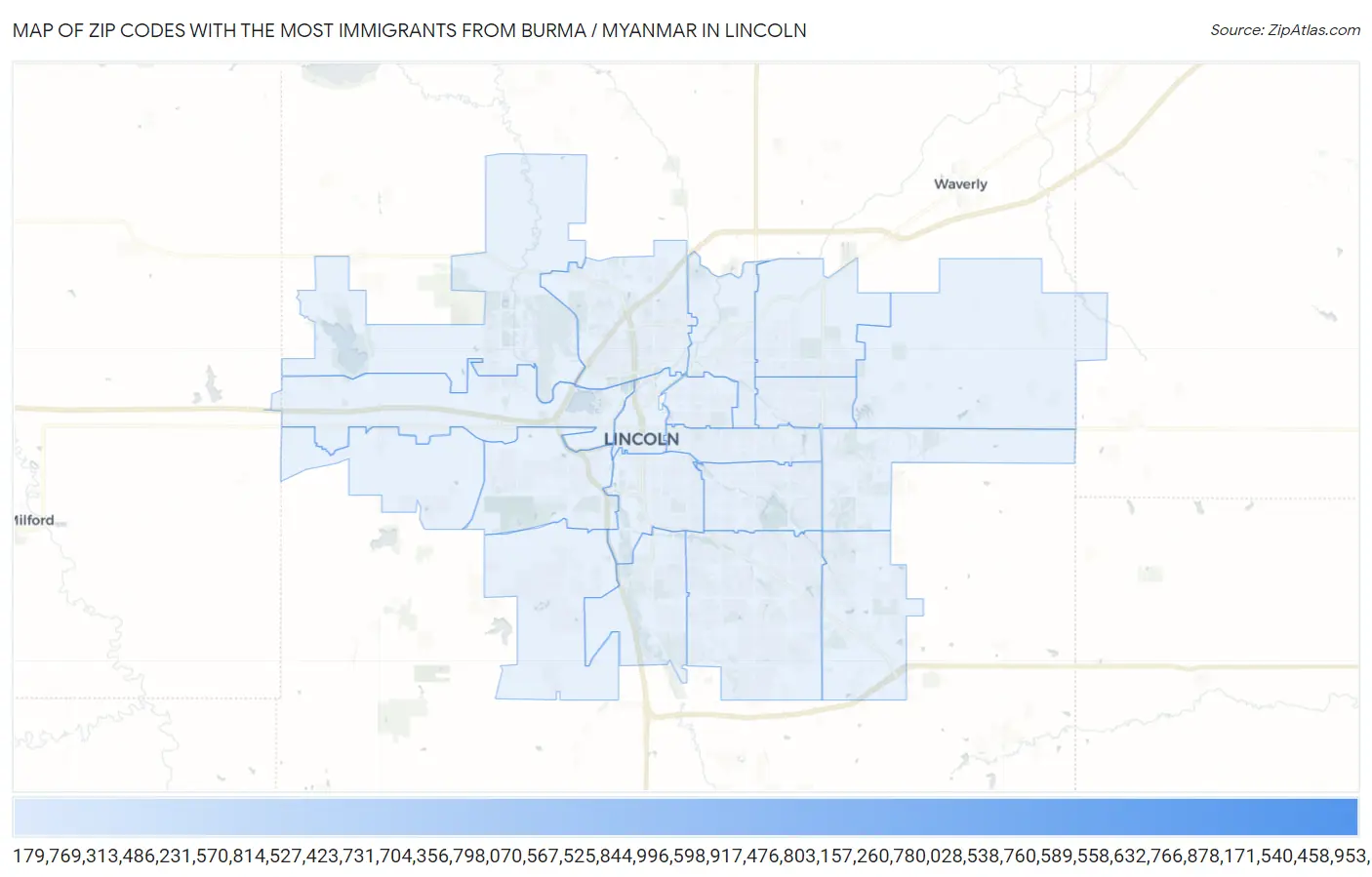 Zip Codes with the Most Immigrants from Burma / Myanmar in Lincoln Map