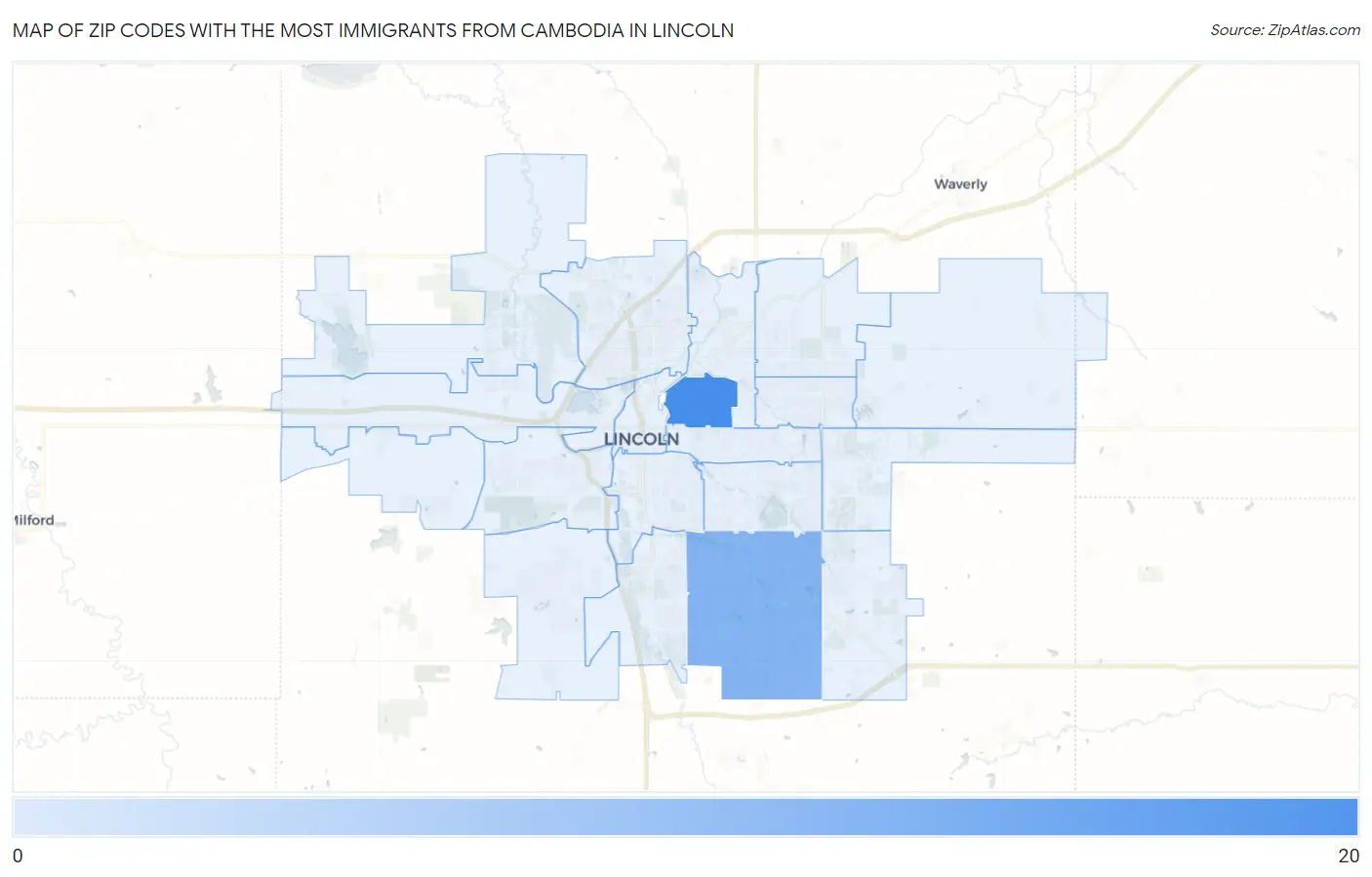Zip Codes with the Most Immigrants from Cambodia in Lincoln Map