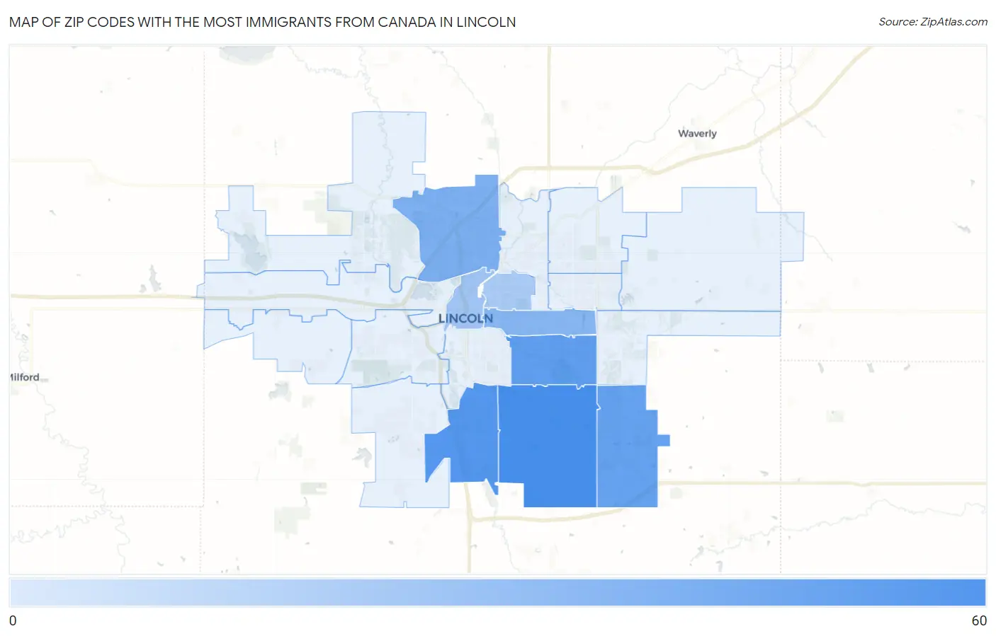Zip Codes with the Most Immigrants from Canada in Lincoln Map