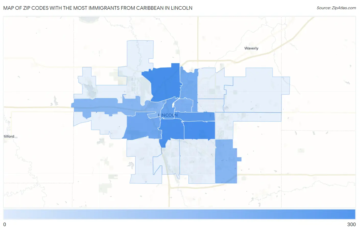 Zip Codes with the Most Immigrants from Caribbean in Lincoln Map