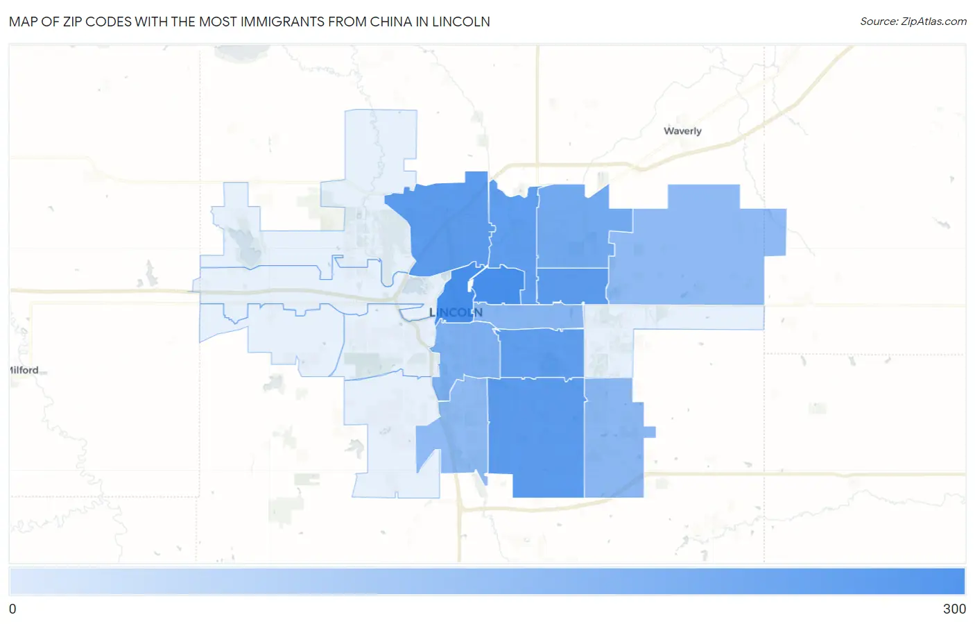 Zip Codes with the Most Immigrants from China in Lincoln Map