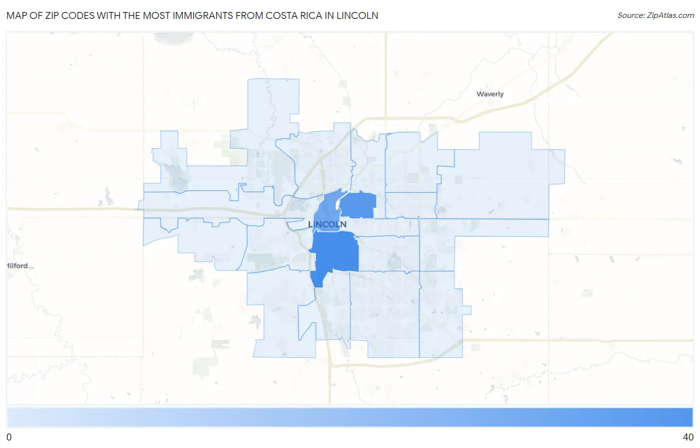 Zip Codes with the Most Immigrants from Costa Rica in Lincoln Map