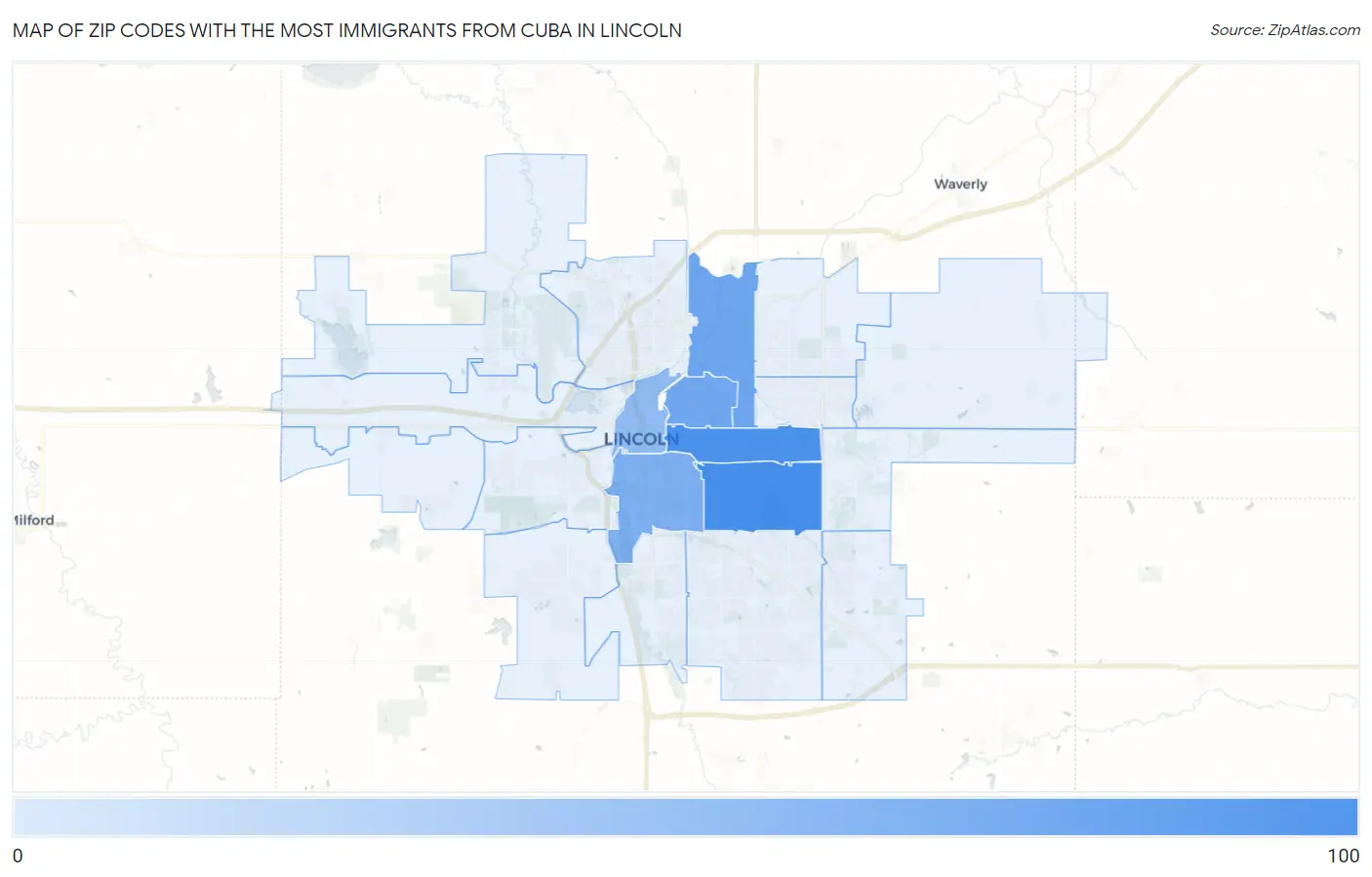 Zip Codes with the Most Immigrants from Cuba in Lincoln Map