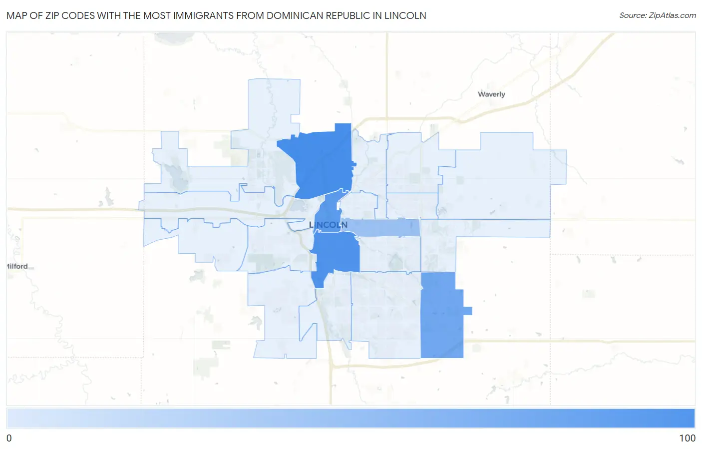 Zip Codes with the Most Immigrants from Dominican Republic in Lincoln Map