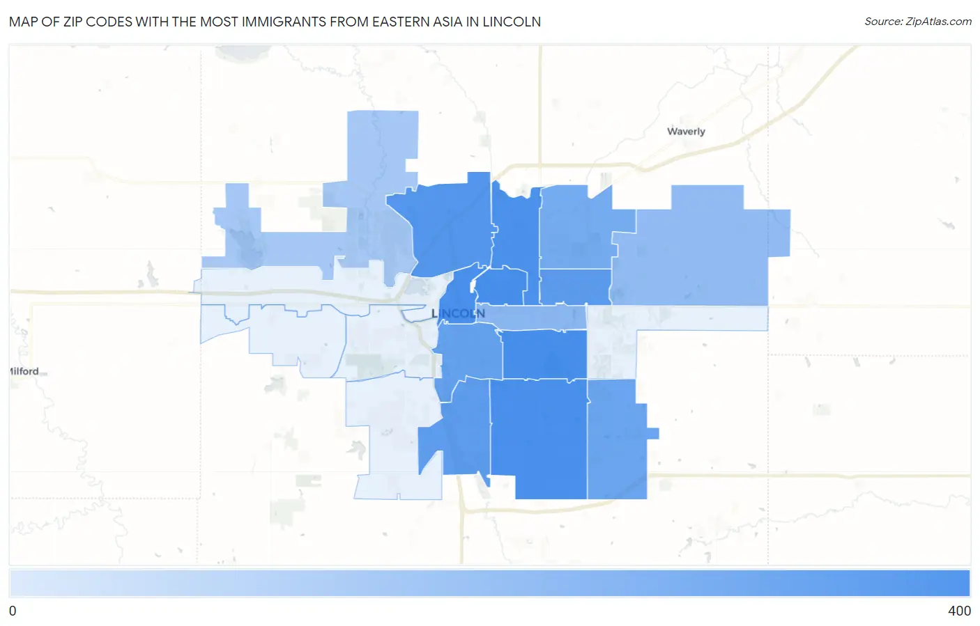 Zip Codes with the Most Immigrants from Eastern Asia in Lincoln Map