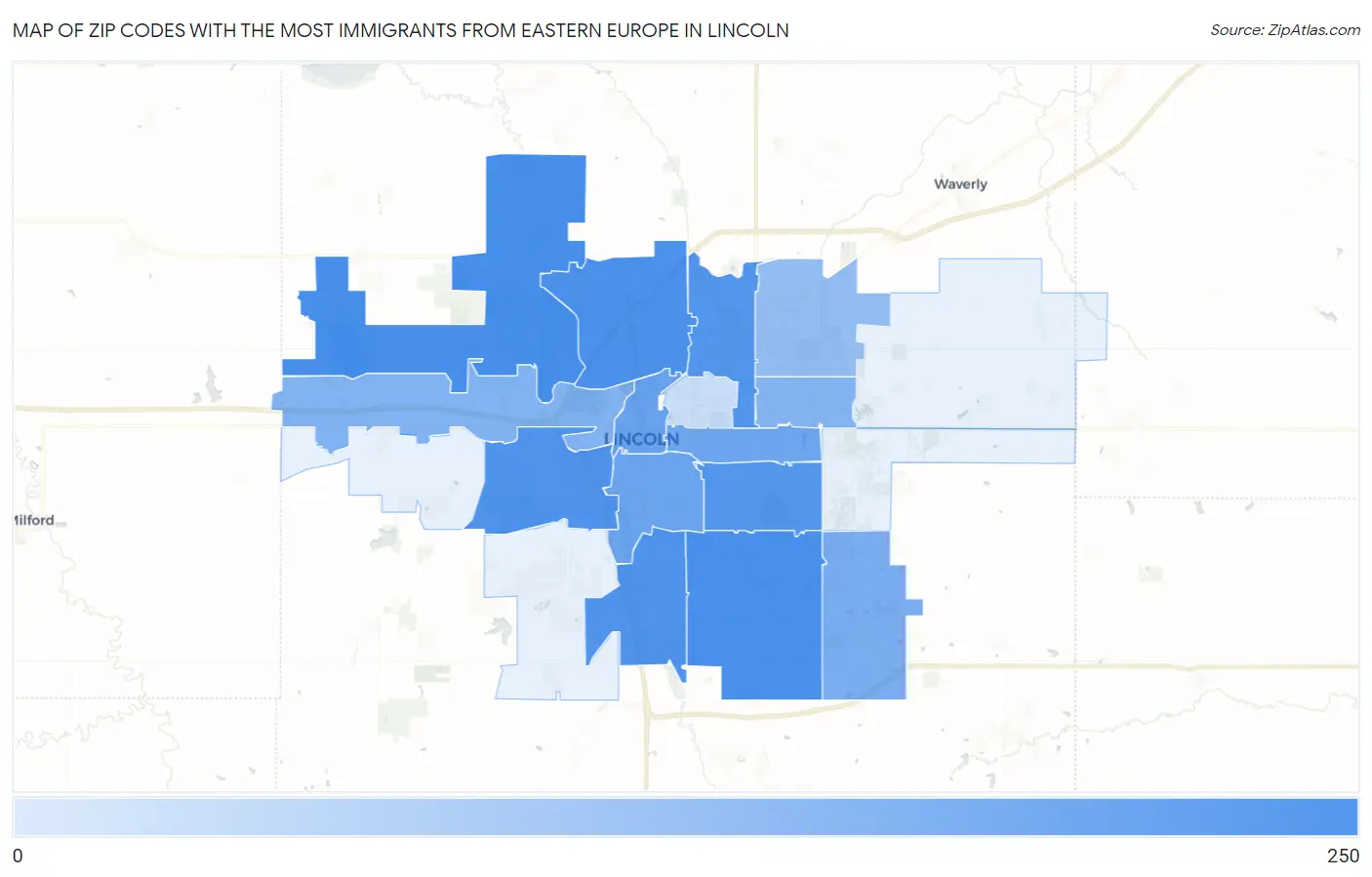 Zip Codes with the Most Immigrants from Eastern Europe in Lincoln Map