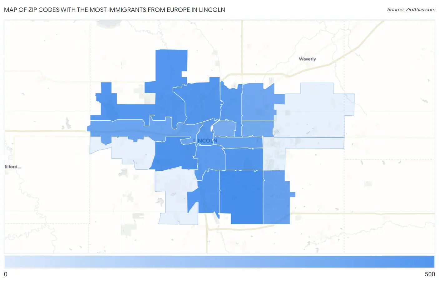 Zip Codes with the Most Immigrants from Europe in Lincoln Map
