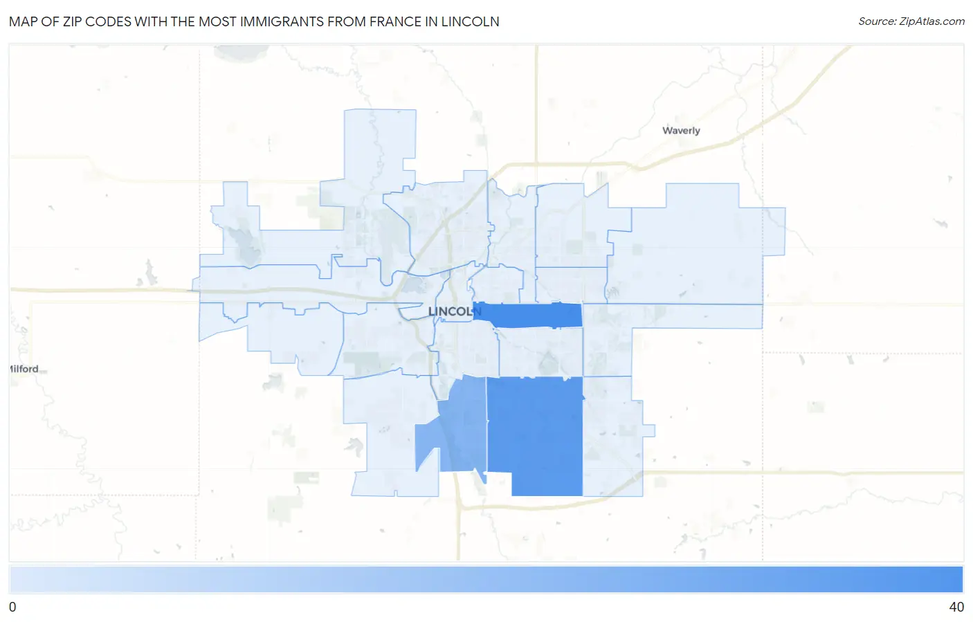 Zip Codes with the Most Immigrants from France in Lincoln Map