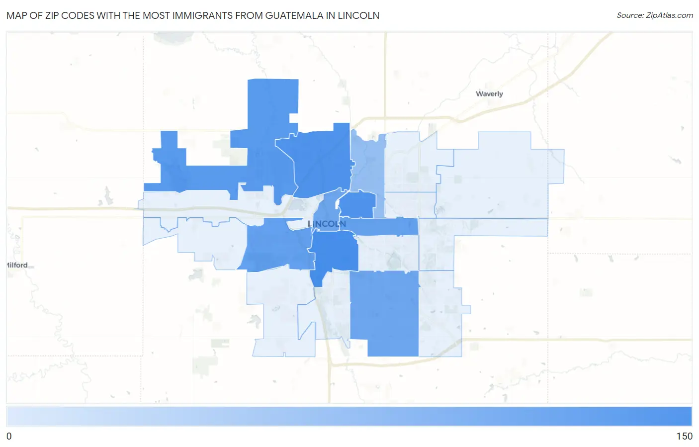 Zip Codes with the Most Immigrants from Guatemala in Lincoln Map