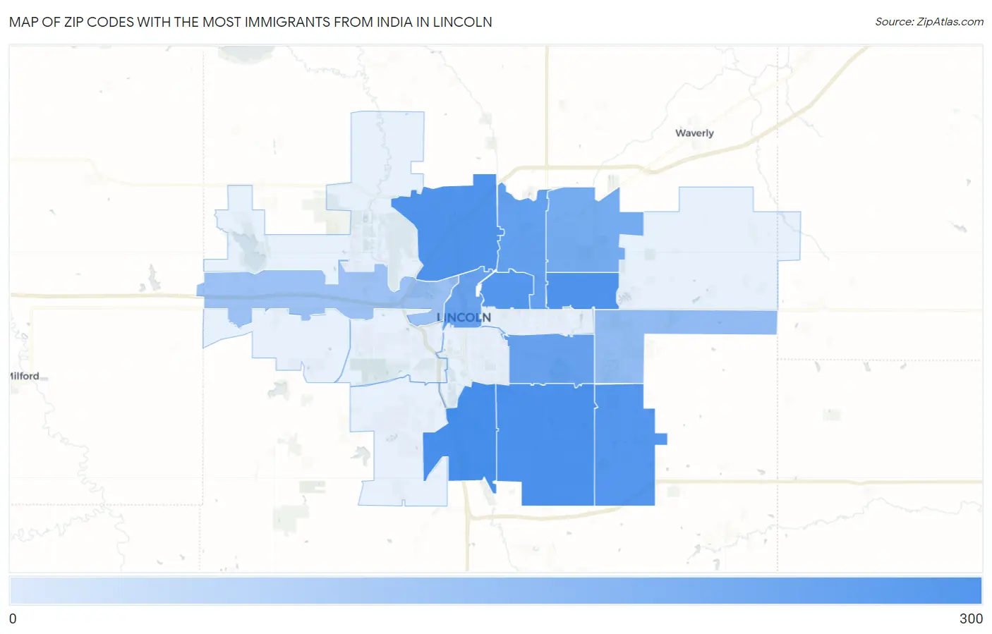 Zip Codes with the Most Immigrants from India in Lincoln Map