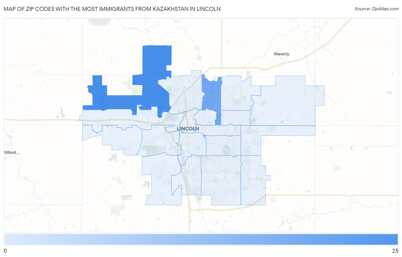 Zip Codes with the Most Immigrants from Kazakhstan in Lincoln Map