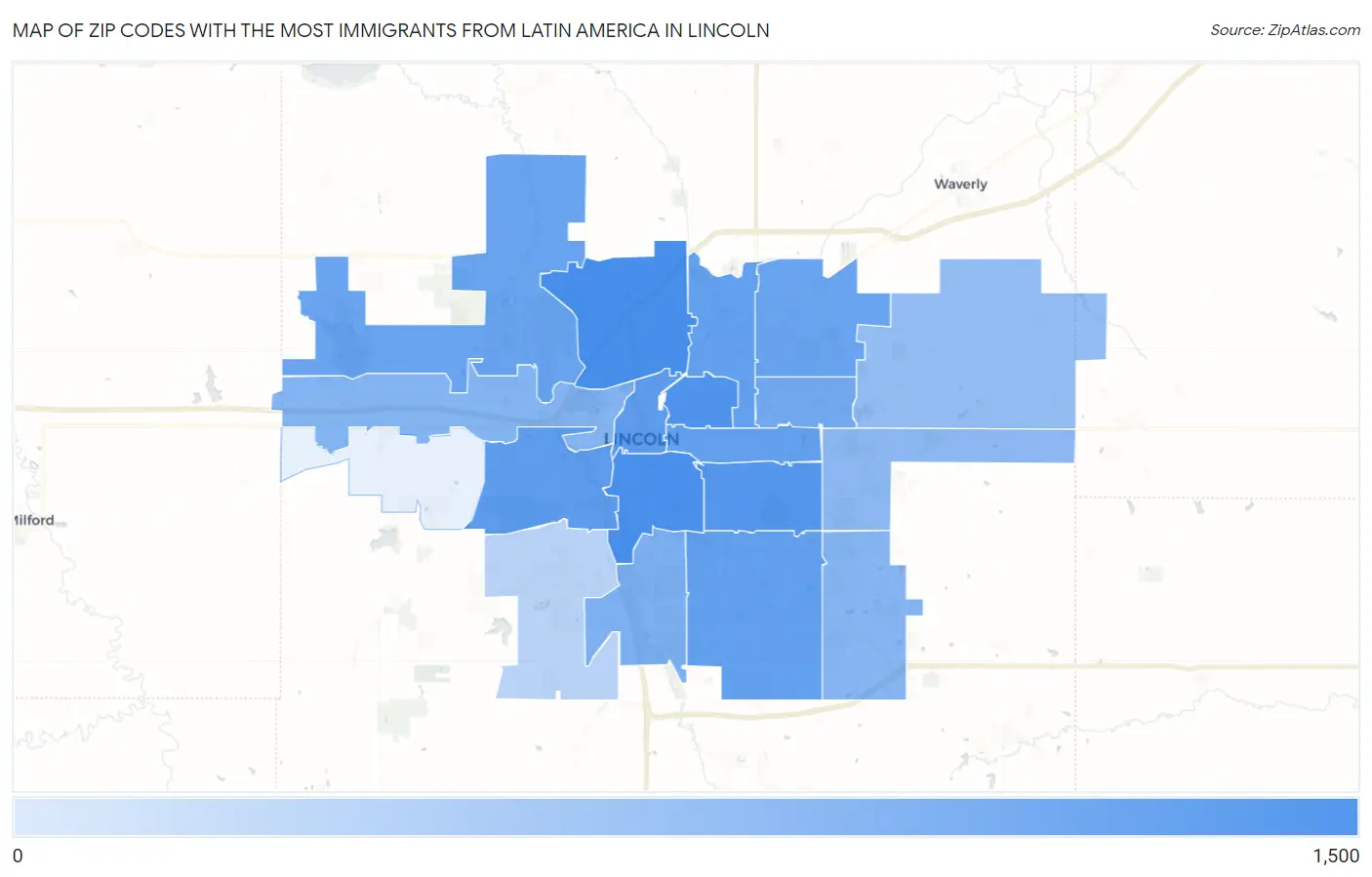 Zip Codes with the Most Immigrants from Latin America in Lincoln Map