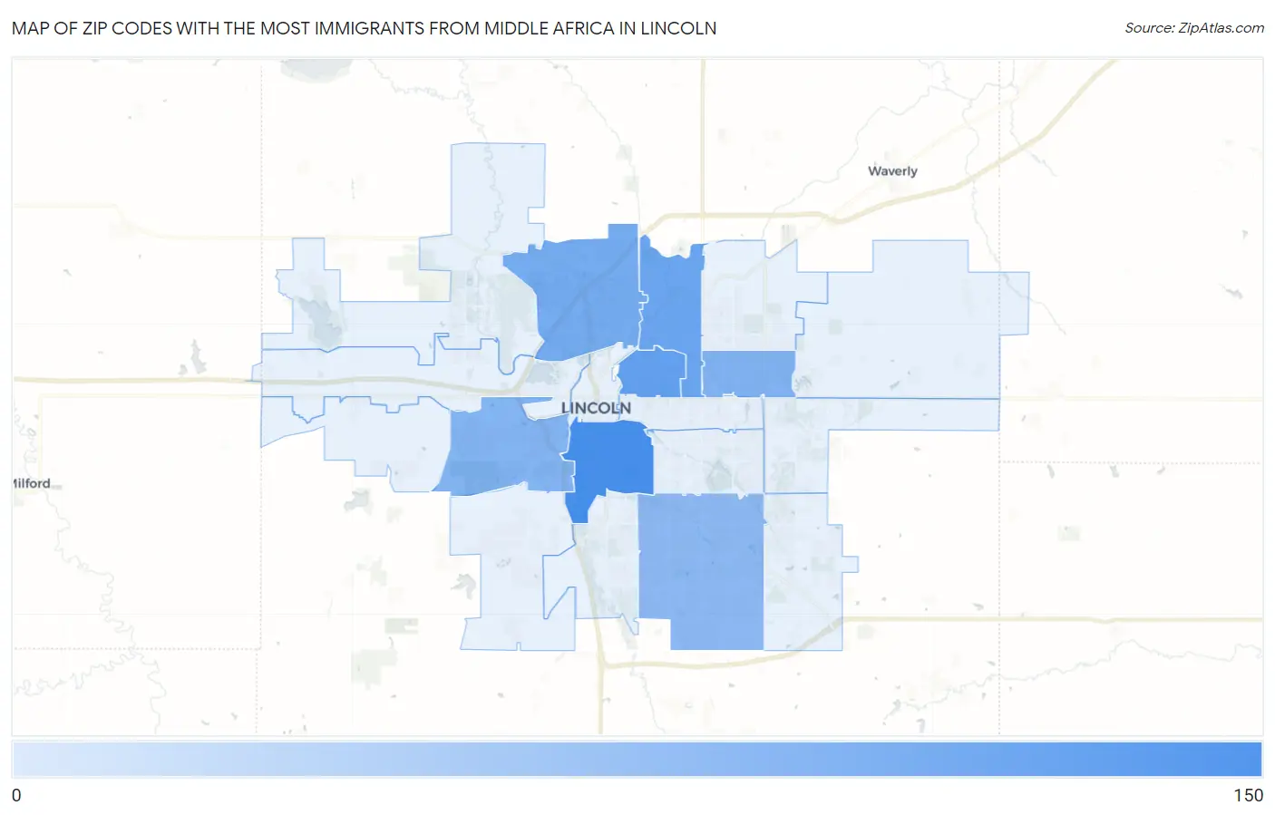 Zip Codes with the Most Immigrants from Middle Africa in Lincoln Map
