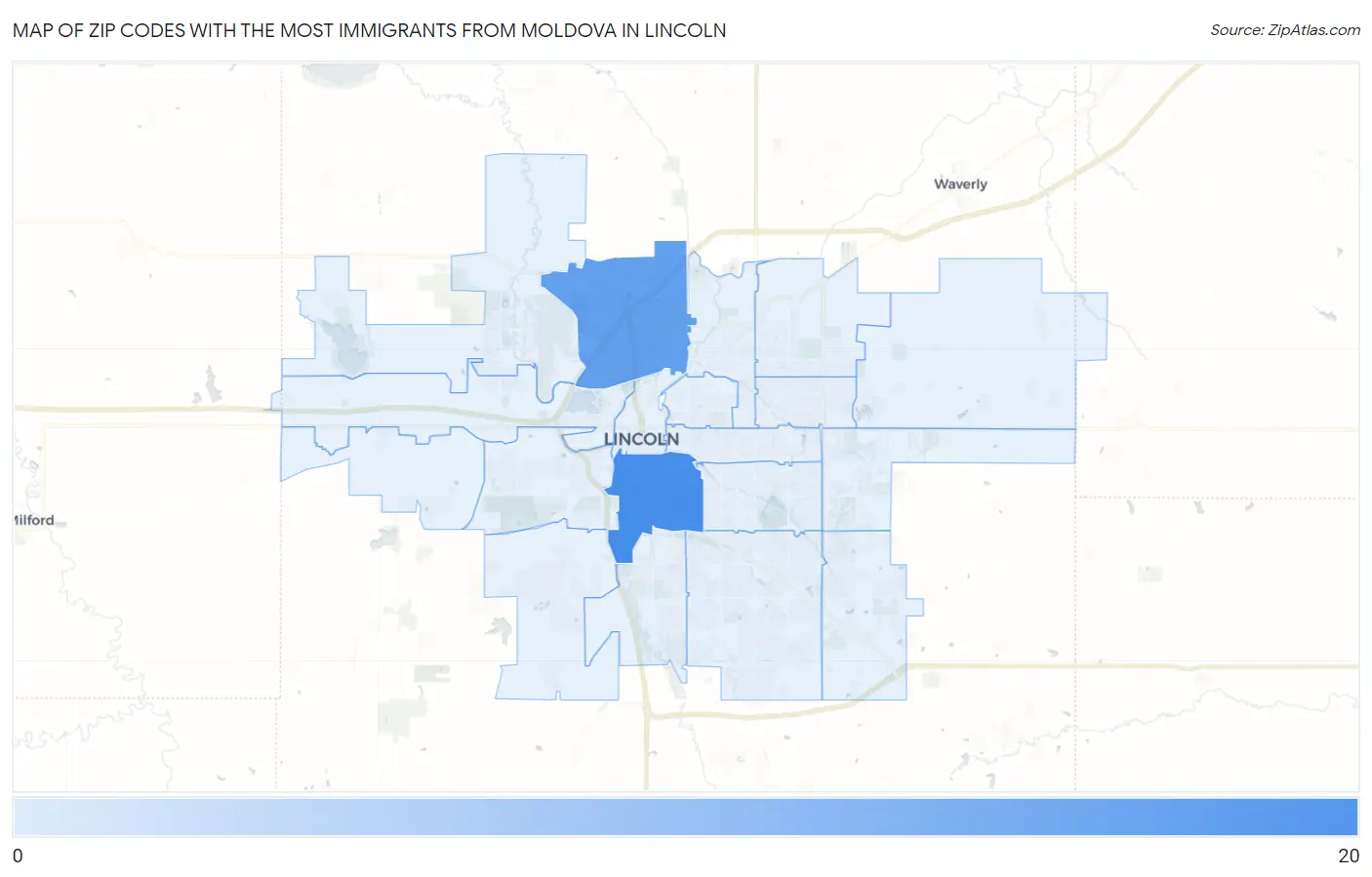 Zip Codes with the Most Immigrants from Moldova in Lincoln Map