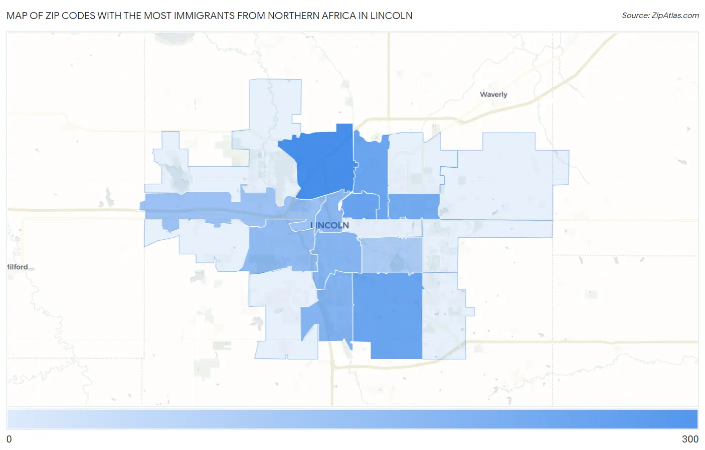 Zip Codes with the Most Immigrants from Northern Africa in Lincoln Map