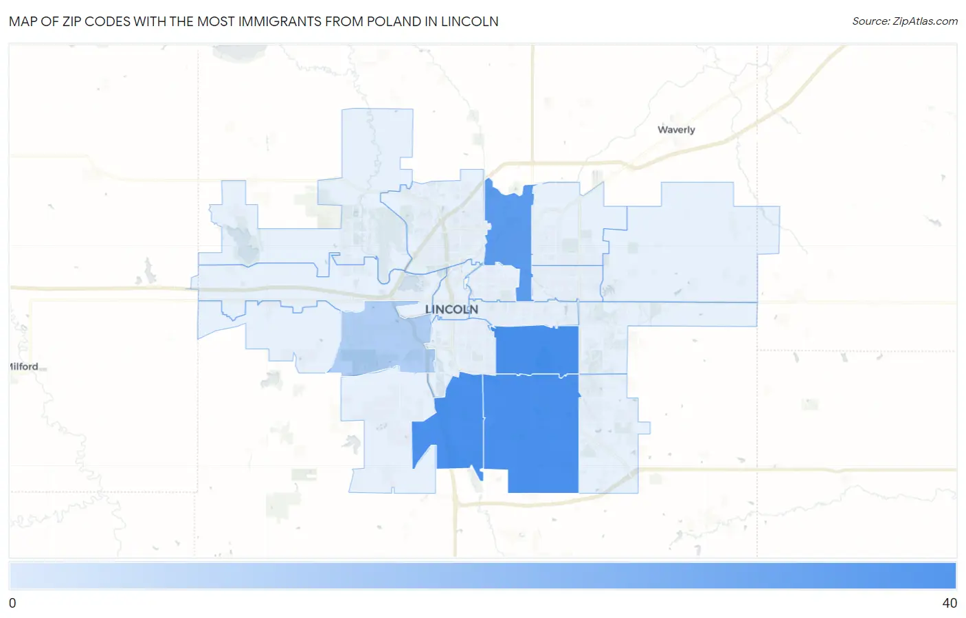 Zip Codes with the Most Immigrants from Poland in Lincoln Map