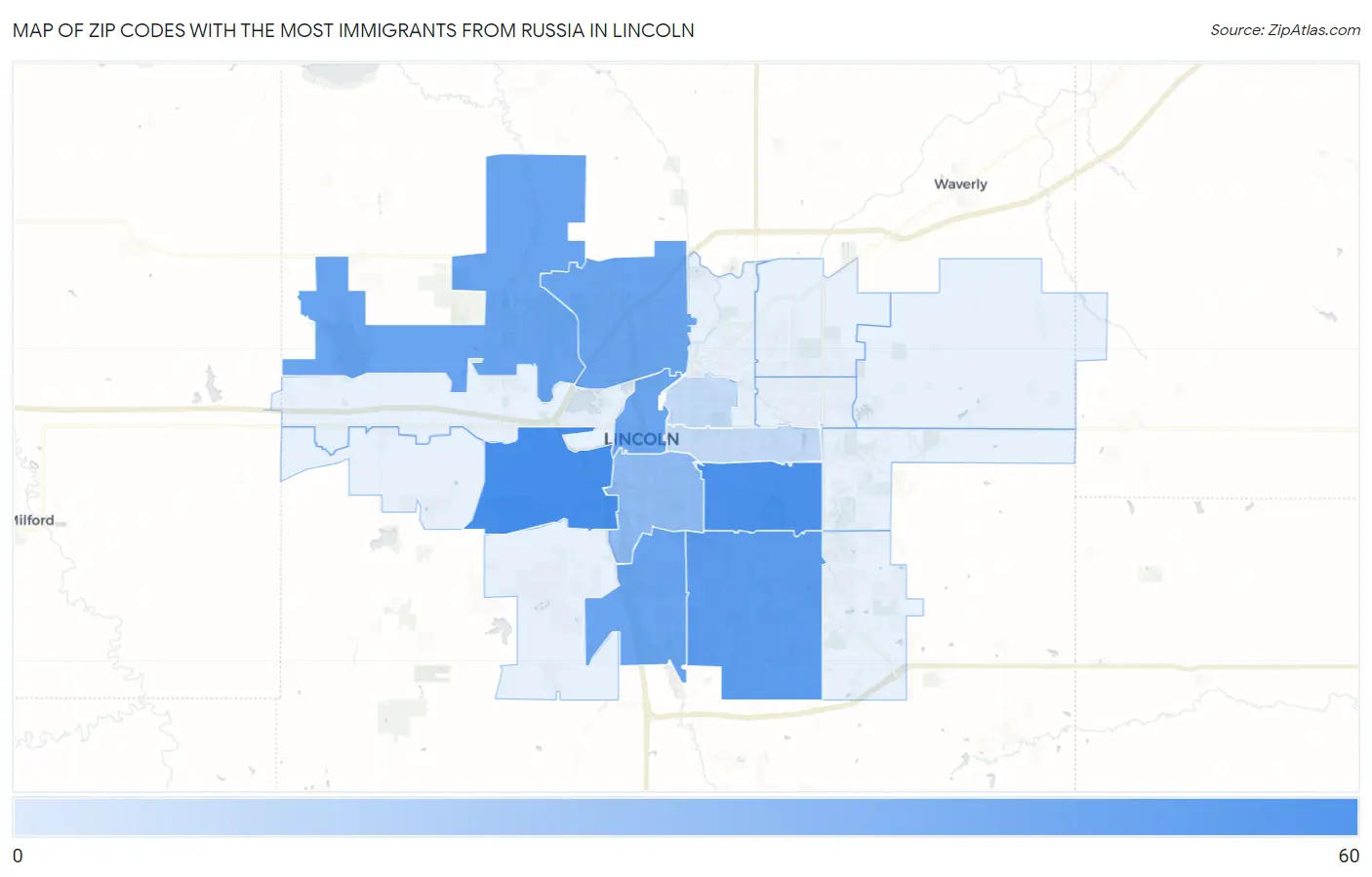 Zip Codes with the Most Immigrants from Russia in Lincoln Map