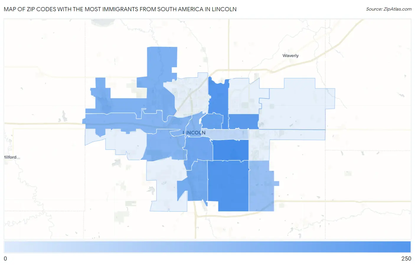 Zip Codes with the Most Immigrants from South America in Lincoln Map