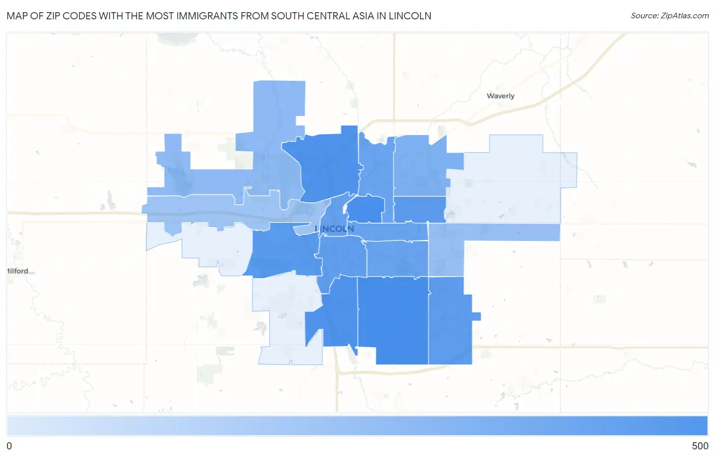 Zip Codes with the Most Immigrants from South Central Asia in Lincoln Map