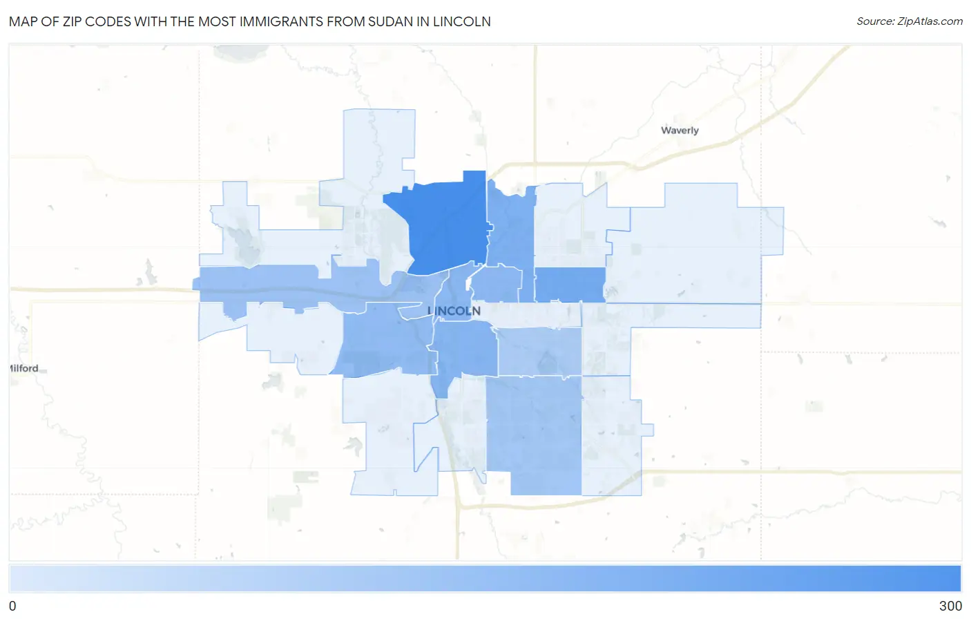 Zip Codes with the Most Immigrants from Sudan in Lincoln Map