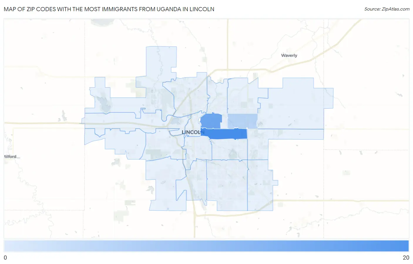 Zip Codes with the Most Immigrants from Uganda in Lincoln Map