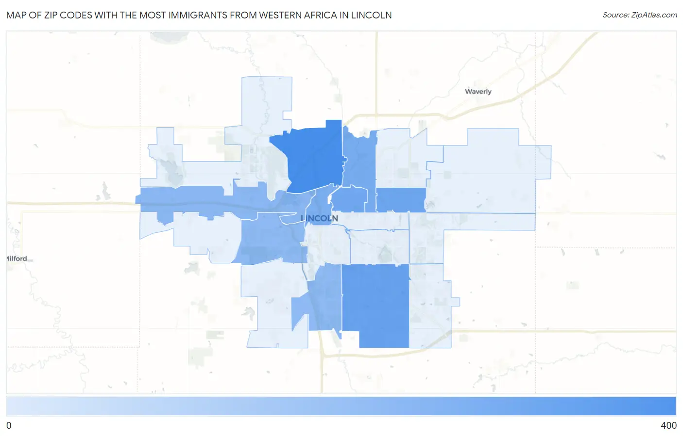 Zip Codes with the Most Immigrants from Western Africa in Lincoln Map