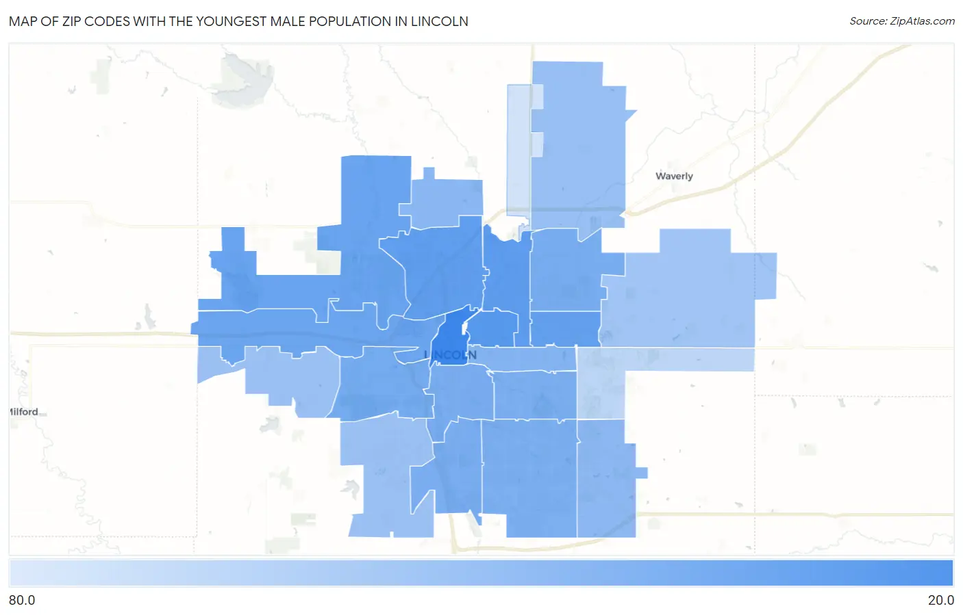 Zip Codes with the Youngest Male Population in Lincoln Map