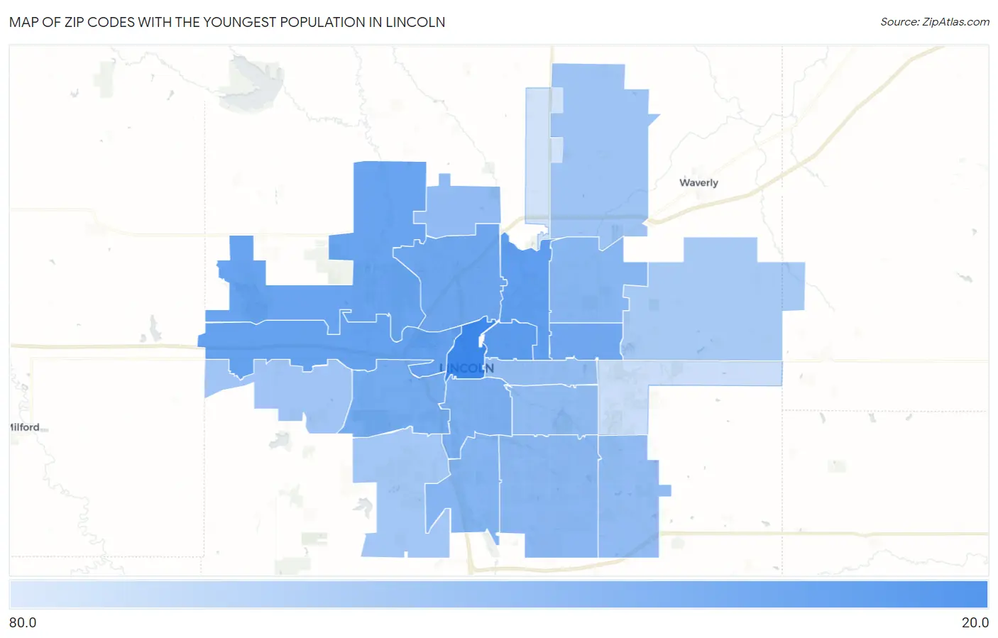 Zip Codes with the Youngest Population in Lincoln Map