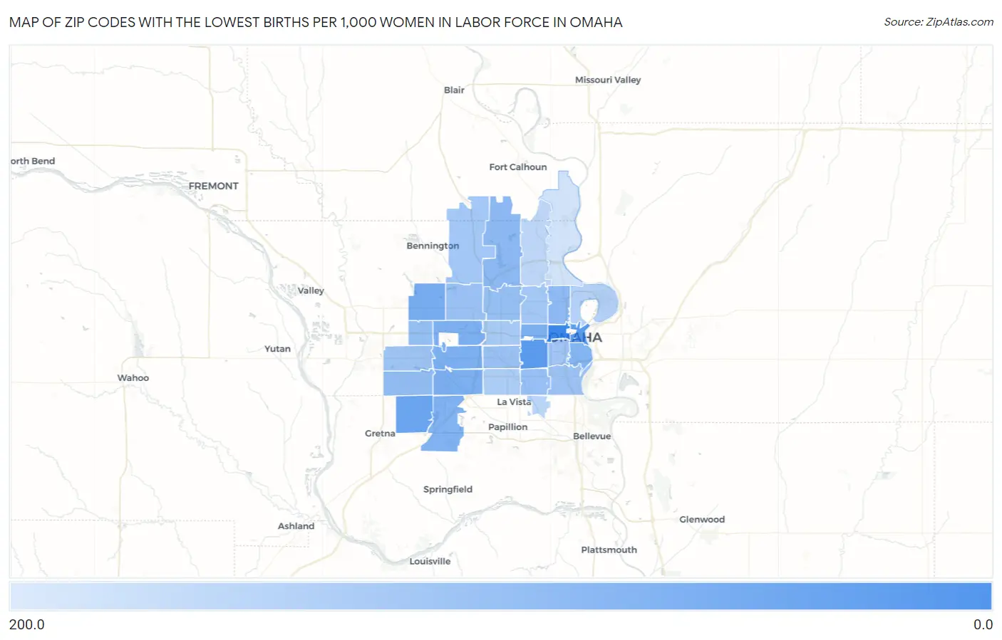 Zip Codes with the Lowest Births per 1,000 Women in Labor Force in Omaha Map