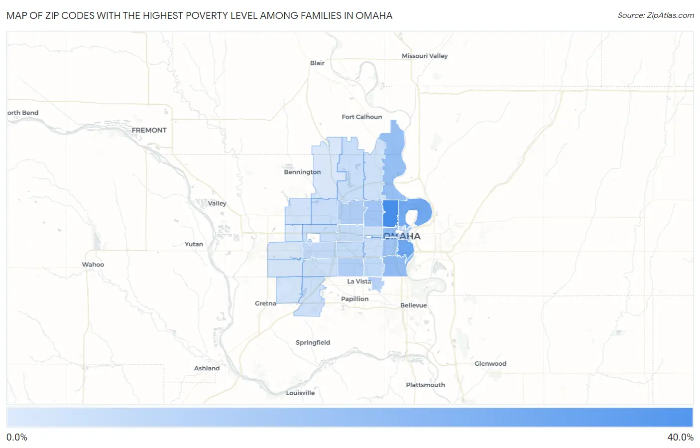 Zip Codes with the Highest Poverty Level Among Families in Omaha Map