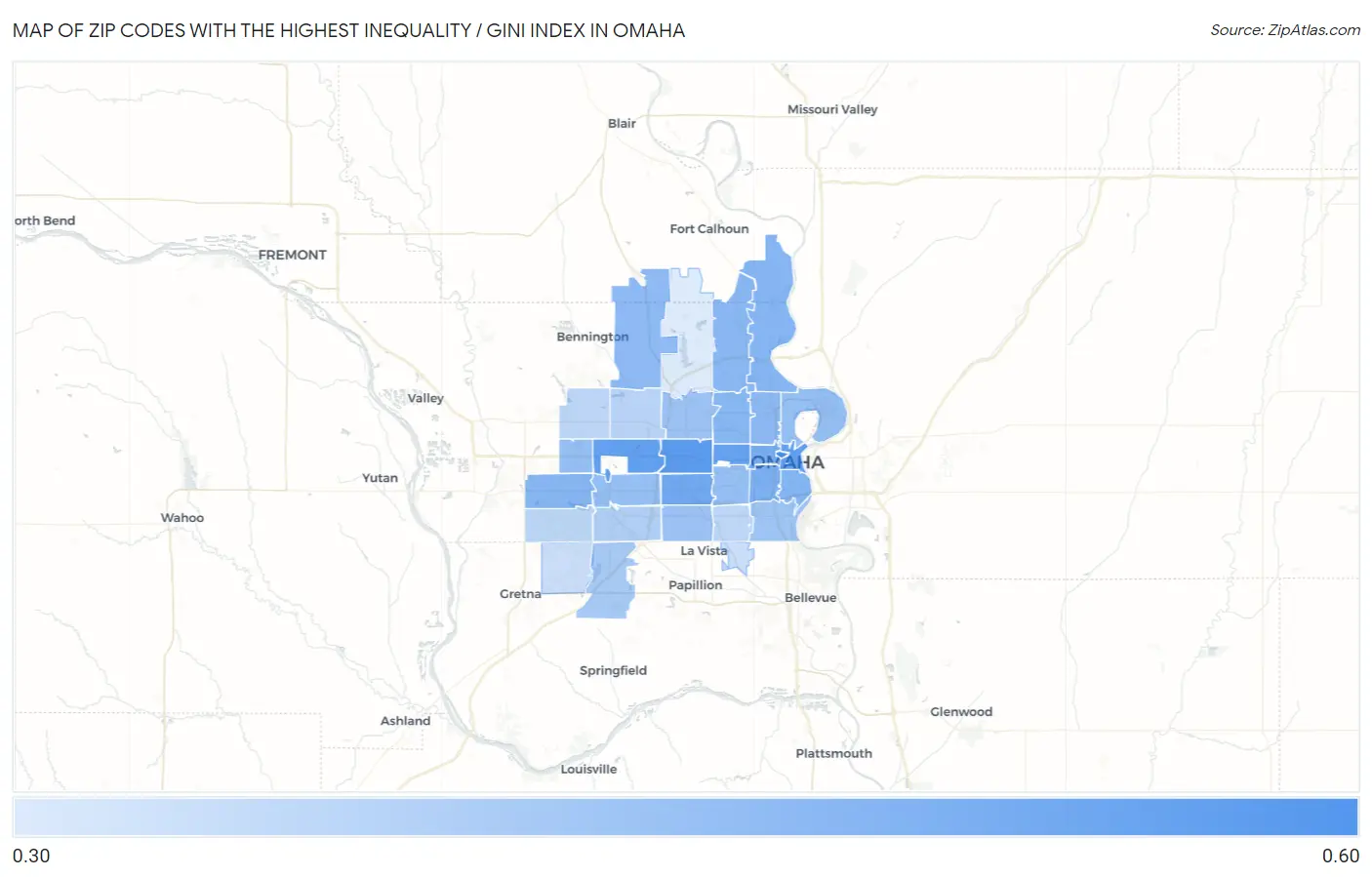 Zip Codes with the Highest Inequality / Gini Index in Omaha Map