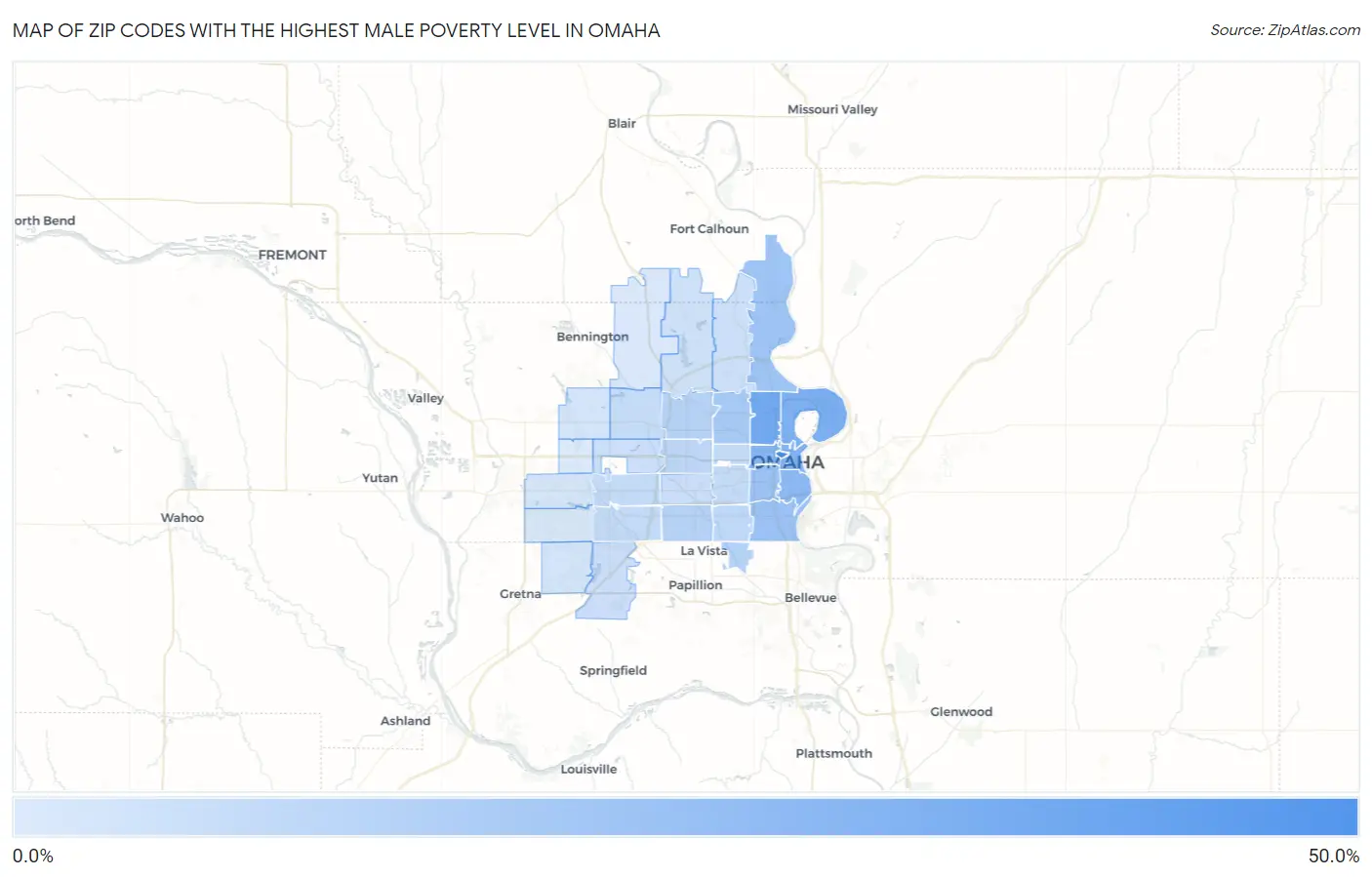 Zip Codes with the Highest Male Poverty Level in Omaha Map