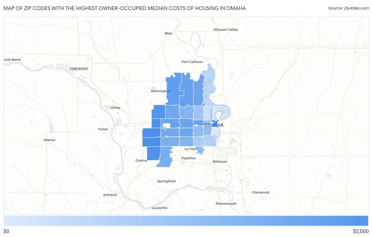Zip Codes with the Highest Owner-Occupied Median Costs of Housing in Omaha Map