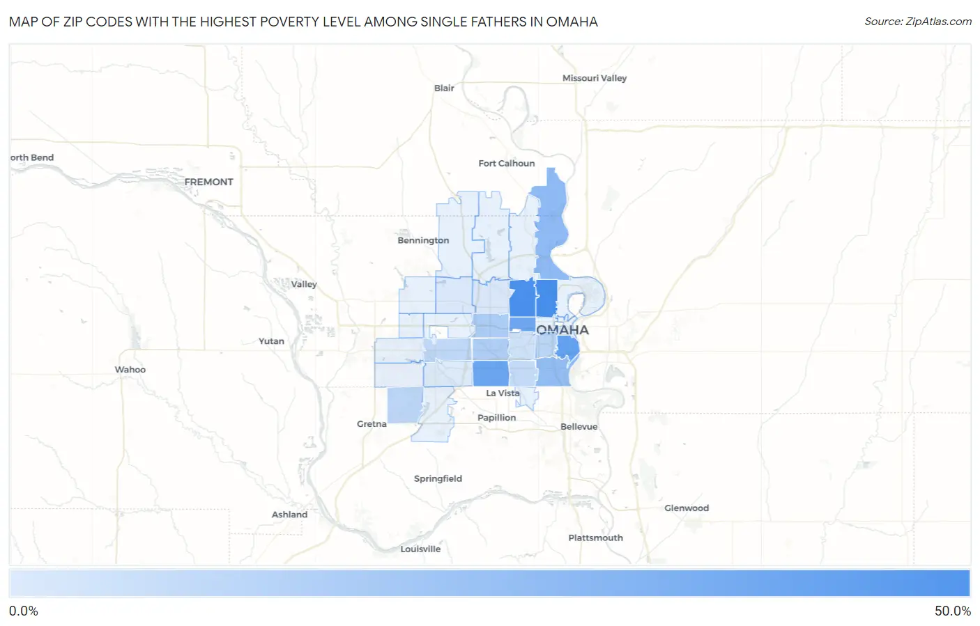 Zip Codes with the Highest Poverty Level Among Single Fathers in Omaha Map