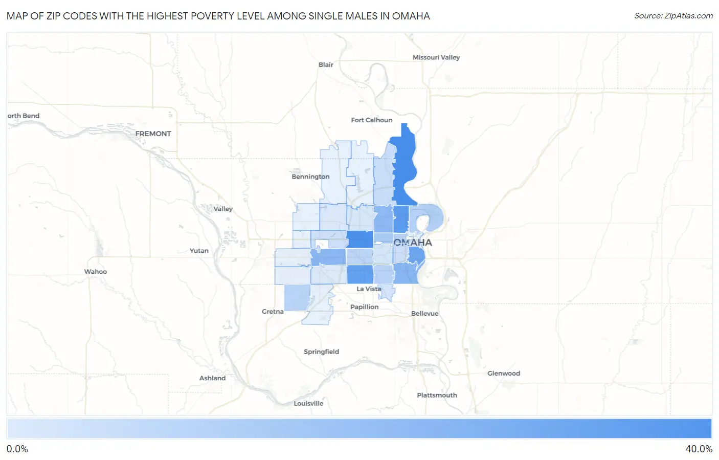 Zip Codes with the Highest Poverty Level Among Single Males in Omaha Map