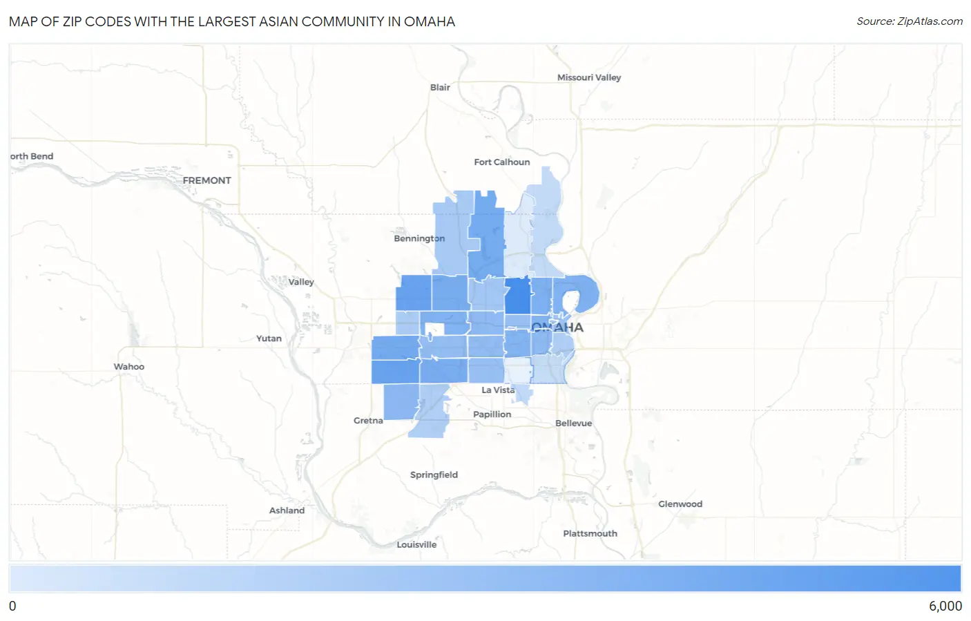Zip Codes with the Largest Asian Community in Omaha Map