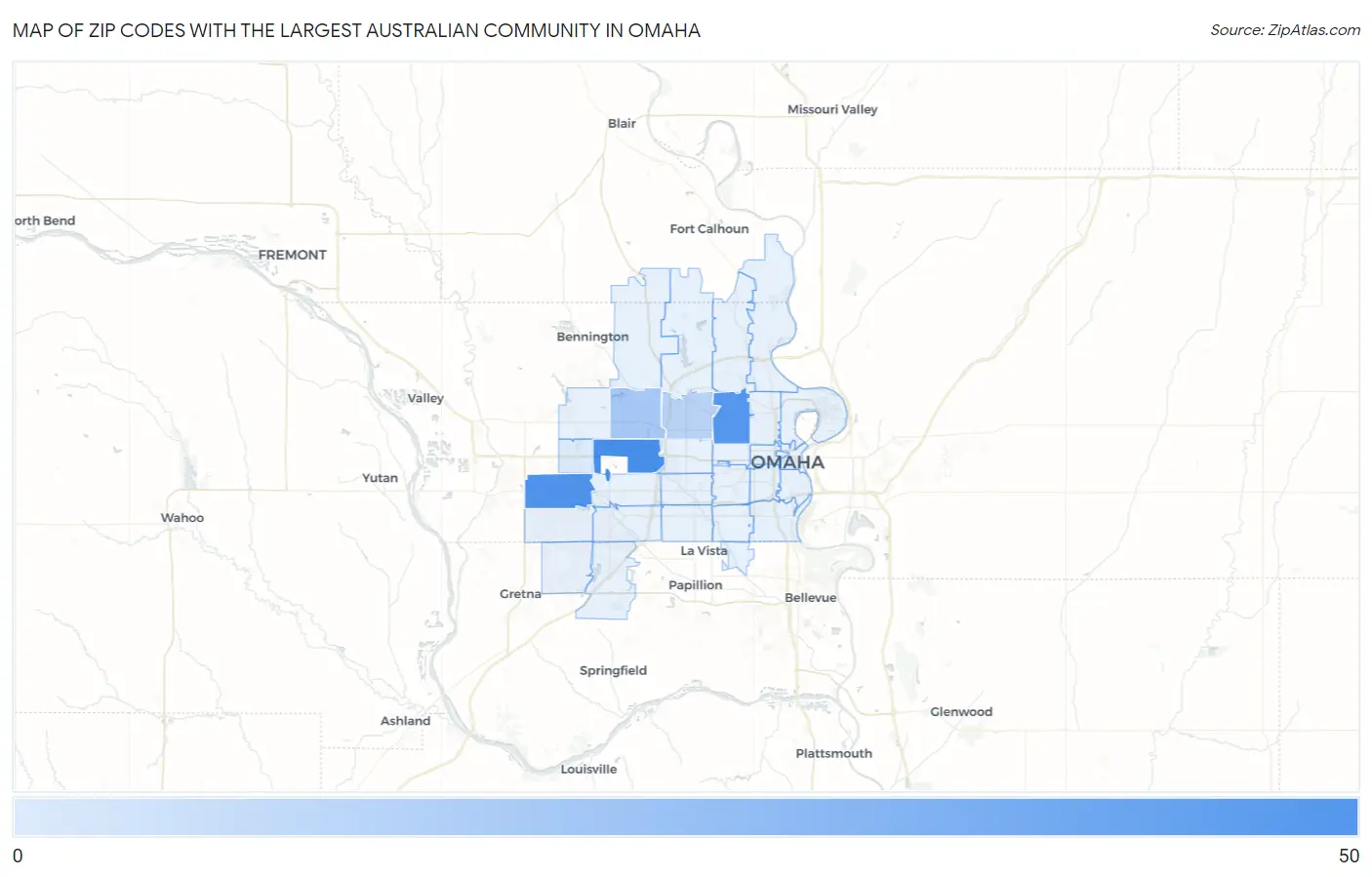 Zip Codes with the Largest Australian Community in Omaha Map