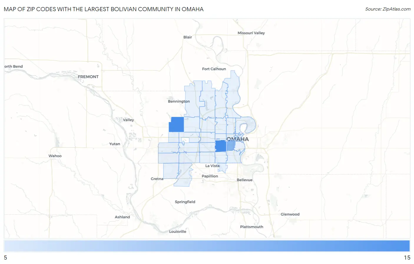 Zip Codes with the Largest Bolivian Community in Omaha Map