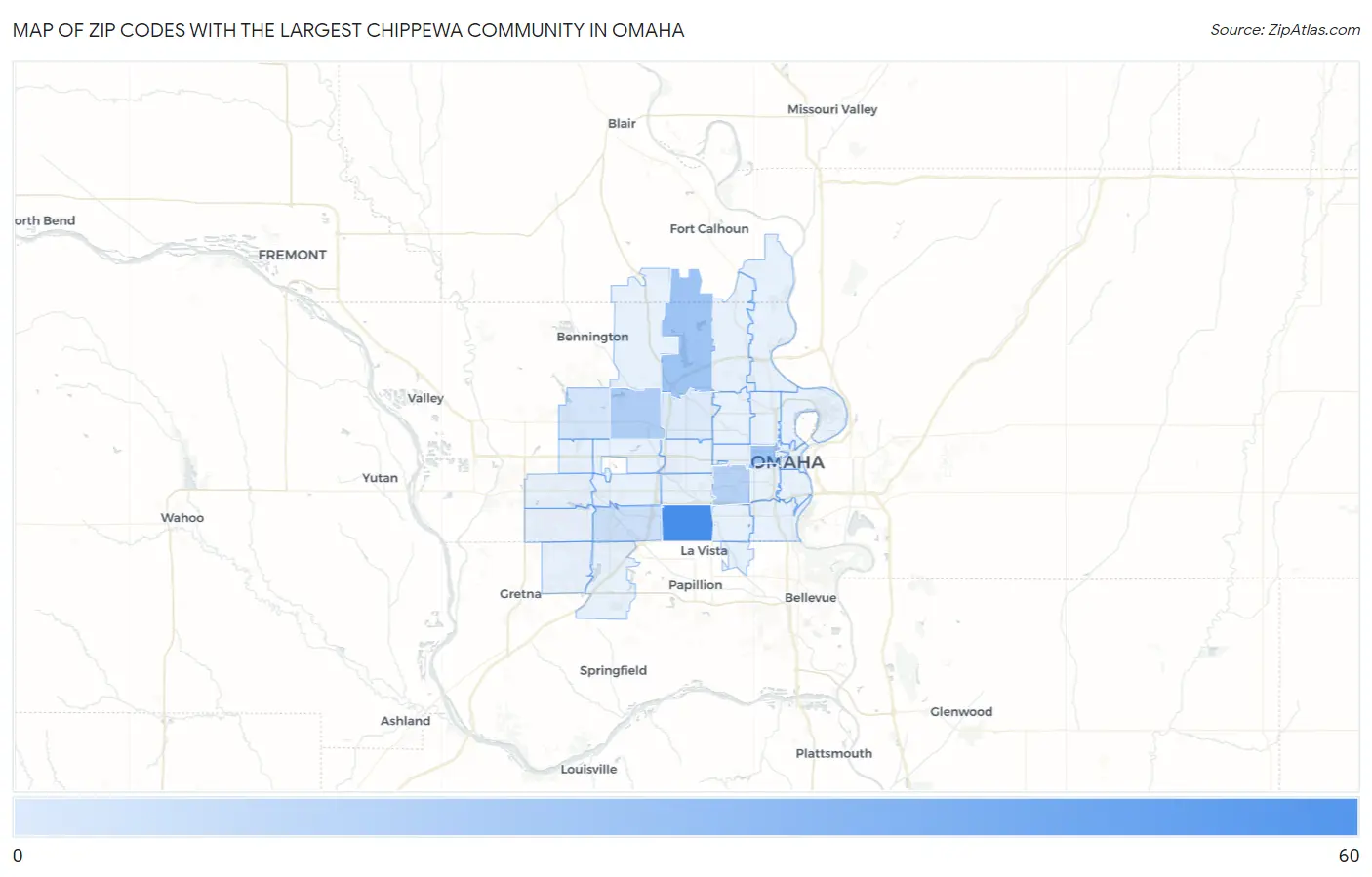 Zip Codes with the Largest Chippewa Community in Omaha Map